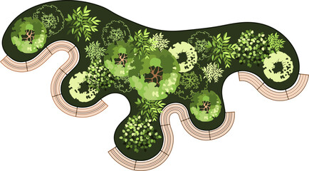 Top view of a bench for the architectural landscape plans. Bench with trees and greens. Entourage design. Vector.