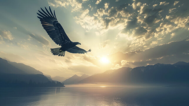 Majestic eagle soaring over serene lake at sunrise