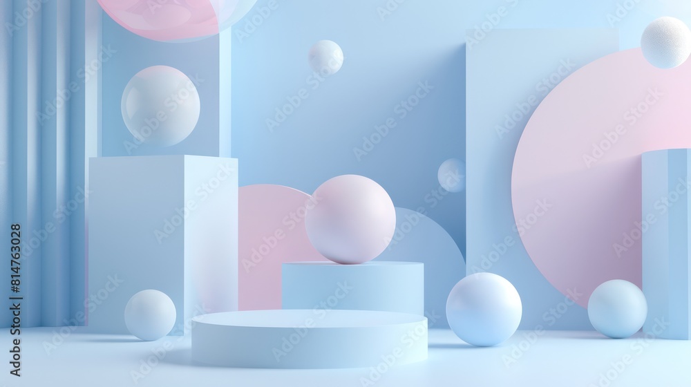 Poster an image featuring minimalist abstract composition with geometric shapes in blue and pink tones and 