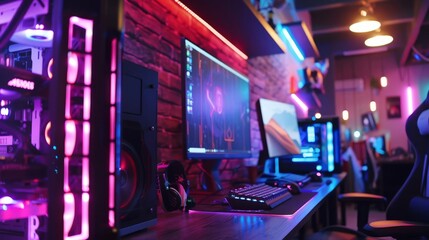A tech enthusiast s dream with a custombuilt PC case on display, LED lights, and an ultrawide monitor