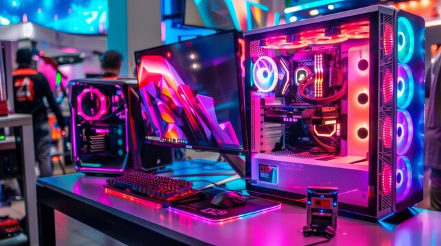 A tech enthusiast s dream with a custombuilt PC case on display, LED lights, and an ultrawide monitor