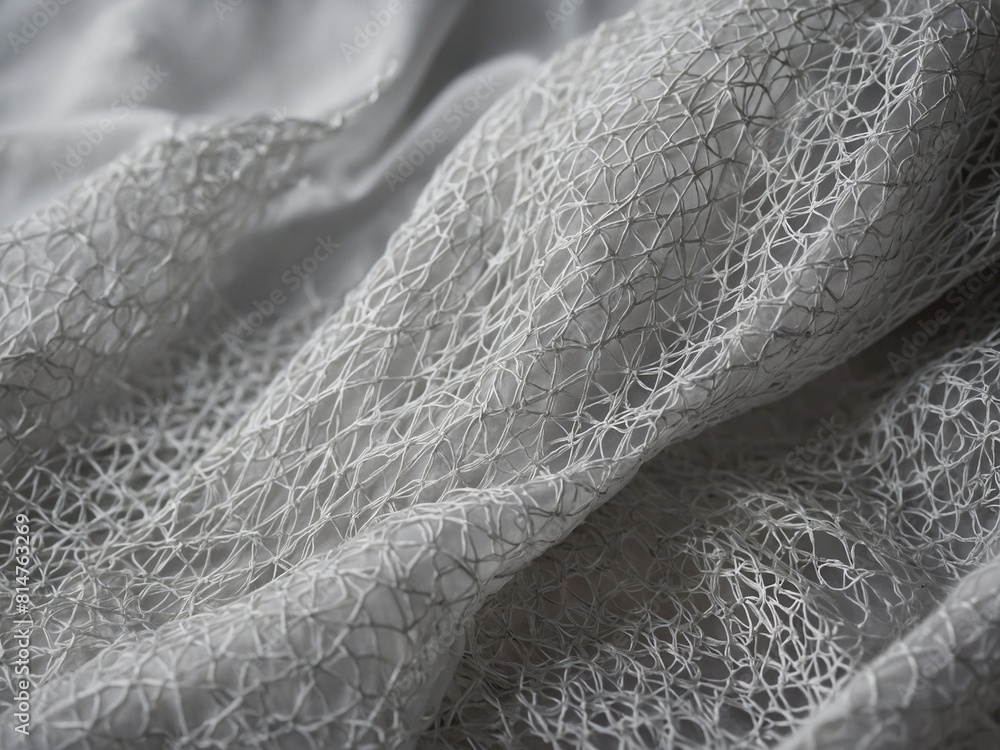 Poster white mesh fabric reveals intricate patterns of its weave. delicate, complex structure of fabric hig