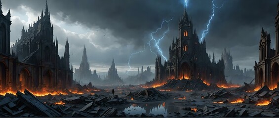 Fantasy landscape with castle, ruins and lightning. 3D illustration
