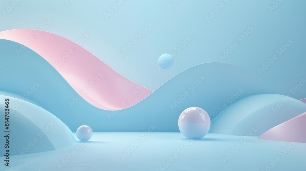 Poster An artistic 3D render with smooth wavy forms in a calming palette of blue and pink, emphasizing serenity and minimalist design