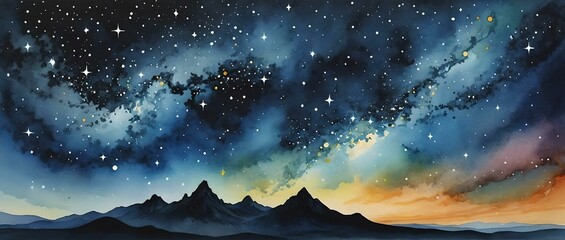 Mountain landscape with stars and nebula. Digital art painting