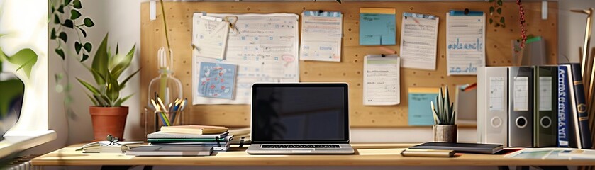 Obraz premium A tidy student desk with a laptop, textbooks, and a bulletin board filled with study notes and reminders