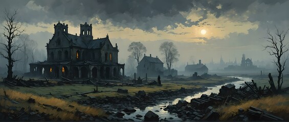 Fantasy landscape with old abandoned house on the bank of the river