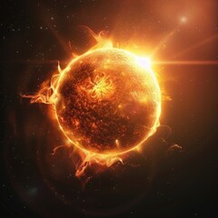 The image shows a large, glowing sun with a bright yellow surface and a dark sunspot. The sun is surrounded by a glowing atmosphere and is set against a black background.