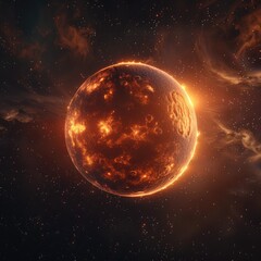 The image shows a planet engulfed in flames