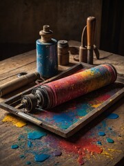 Vintage printing press roller, covered in multicolored ink, lies on wooden surface, surrounded by various old printing tools, ink bottles. This evokes sense of historical printing techniques.
