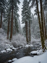 Fototapeta premium Serene winter scene unfolds with snow blanketing ground, clinging to branches of towering conifers flanking meandering stream. Overcast sky casts soft, diffused light over tranquil forest.