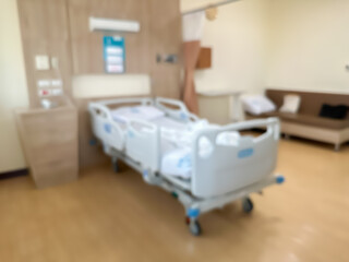 Blur image of Hospital bed in a luxurious and modern patient room. The atmosphere is clear and you can see the surrounding view