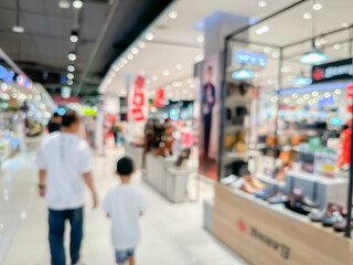 Blurred image of people walking and shoping at atmosphere of shopping in a leading shopping center decorated in a modern way.