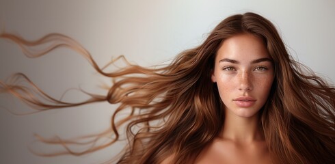 Fototapeta premium A beautiful caucasian woman showcasing long, smooth, and shiny brown hair, advertising hair dye products, hair care, white solid color background, copy space.