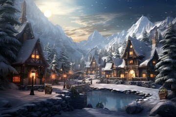 Snow-covered village with warm glowing lights under a starry sky, nestled among mountains