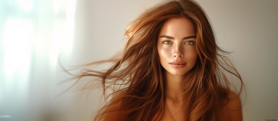 A beautiful caucasian woman showcasing long, smooth, and shiny brown hair, advertising hair dye products, hair care, white solid color background, copy space. - Powered by Adobe