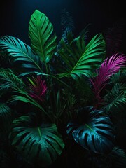 Lush green, purple leaves illuminated by subtle light, creating mesmerizing dance of colors in dark. Vibrant hues paint picture of mystery, allure, where every leaf tells story of silent.