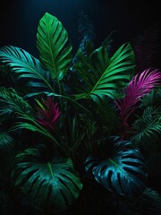 Naklejka premium Lush green, purple leaves illuminated by subtle light, creating mesmerizing dance of colors in dark. Vibrant hues paint picture of mystery, allure, where every leaf tells story of silent.