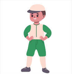 Vector of a boy baseball player in a green uniform holding a bat, standing still on a clean white background. Perfect for sports themes