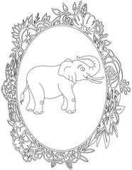 Elephant in A Floral Frame Coloring Page. Printable Coloring Worksheet for Kids. Educational Resources for School and Preschool.