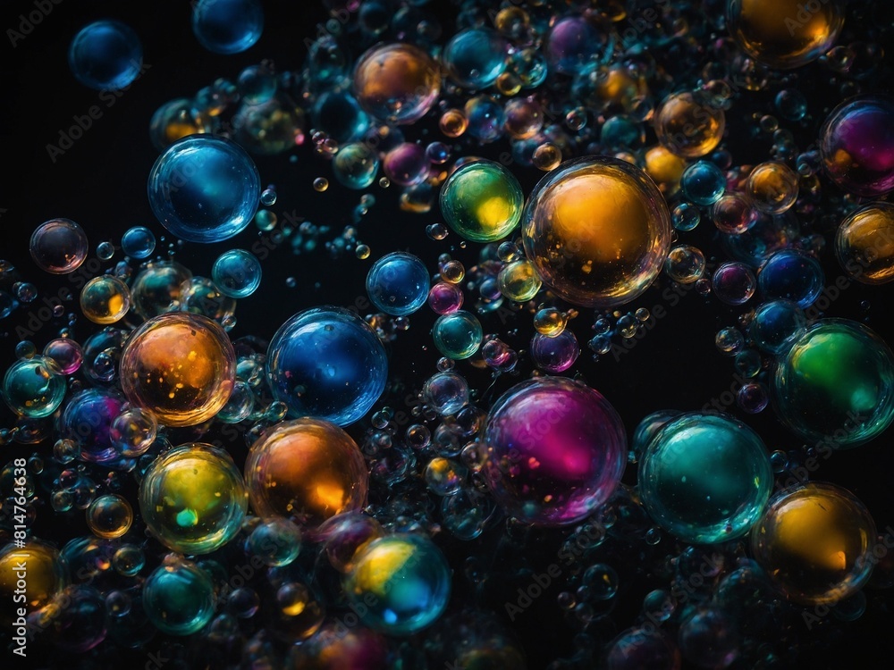 Poster mesmerizing collection of bubbles of various sizes float, cluster together against dark background. 