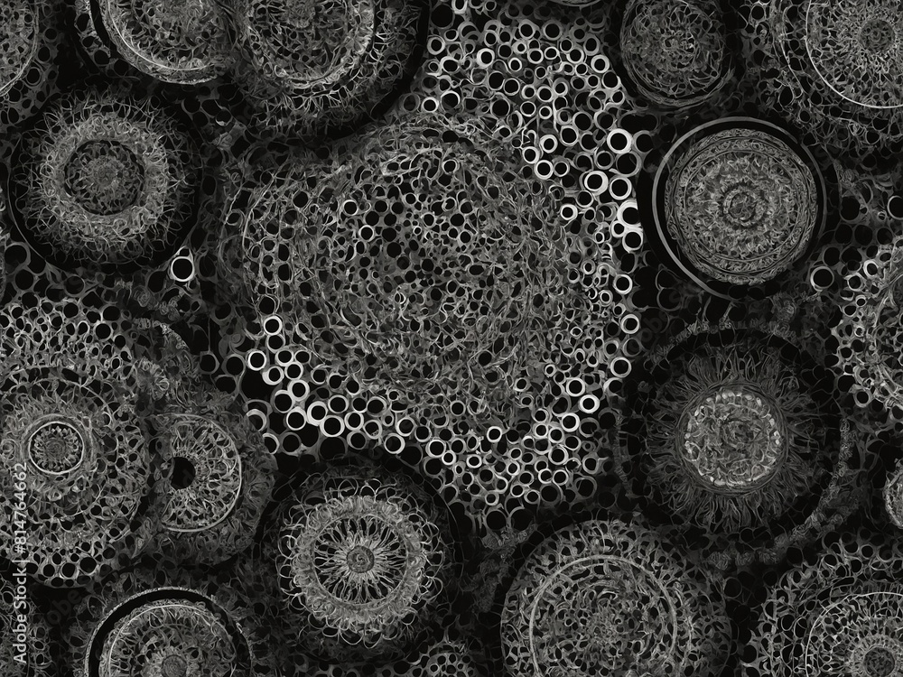 Poster intricate pattern of overlapping circular shapes dominates view. each shape unique, filled with deta
