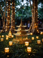 Fototapeta premium Intricately designed golden pagoda stands as centerpiece, surrounded by lit candles, fairy lights wrapped around trees. Warm glow from lights contrasts with evenings ambient darkness, creating serene.