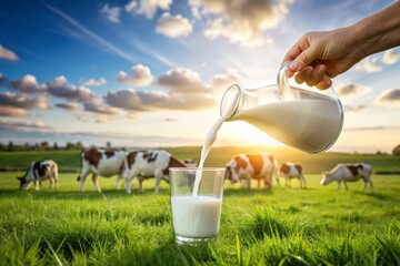 Pouring fresh milk from pitcher into the glass with grass field and cows background