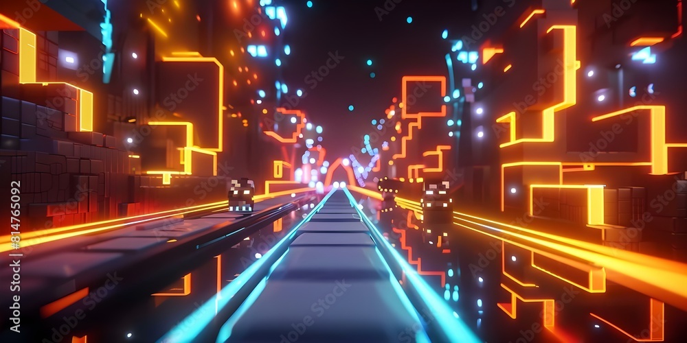 Poster arcade game level with neon lights and pixelated characters in retro style. concept retro arcade, ne