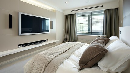 Fototapeta premium A minimalist bedroom with a wall-mounted TV and a hidden sound system