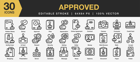 Set of 30 approved Stamp icon sets. Editable Stroke Icon Collection. Includes shopping, card, stamp, files, document, mark, and More. Outline icons vector collection.