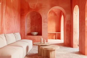 Fototapeta premium Contemporary spoty yoga space with polished concrete floors, state-of-the-art props, and calming blue accents. Beautiful simple AI generated image in 4K, unique.