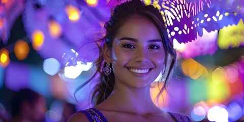 Young woman surrounded by papel picado decorations at a celebration. Concept Festive Decorations, Mexican Tradition, Woman Portrait, Celebration Theme, Colorful Background