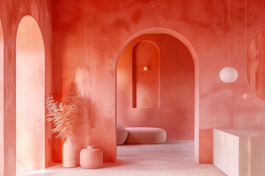 Contemporary spoty yoga space with polished concrete floors, state-of-the-art props, and calming blue accents. Beautiful simple AI generated image in 4K, unique.