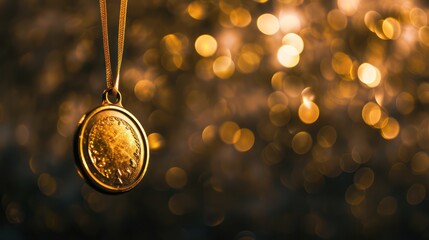 A warm-toned image of a golden pendant hanging gracefully against a blurred golden bokeh light background