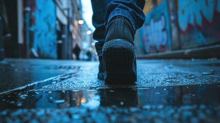 A close-up of a person's foot stepping forward on a wet pavement, with alley walls covered in graffiti art in the background