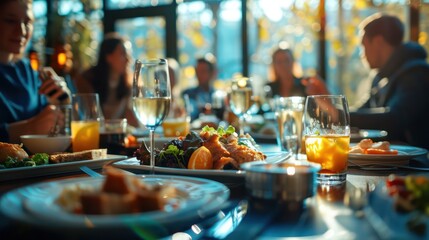 An elegant dining scene in a restaurant with dishes on the table and blurry figures of diners in the background, bathed in warm, ambient lighting