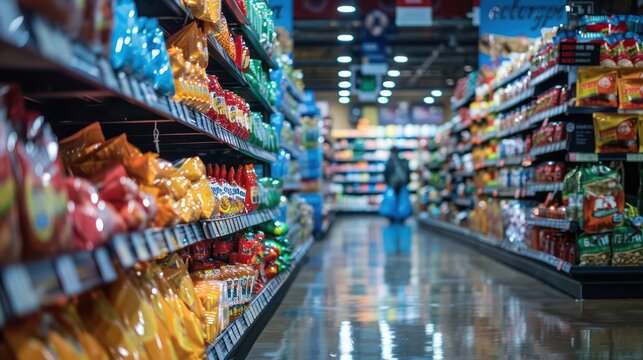 A colorful supermarket aisle showcasing an array of products with a focus on the snack section and a blurry background