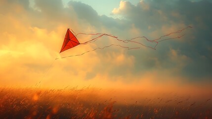 Capture the graceful arc of a kite soaring high in the sky, its tail trailing behind in a blur of motion against the backdrop of fluffy wh torts the air, creating a hazy blur around the edges.