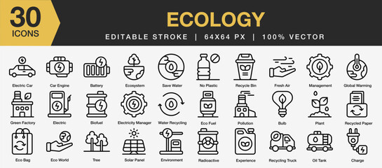 Set of 30 Ecology icon sets. Editable Stroke Icon Collection. Includes nature, eco, environment, recycle, go green, ecosystem, and More. Outline icons vector collection.