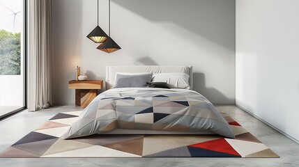 A modern bedroom with a geometric rug and a minimalist pendant light