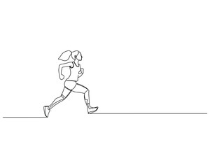 Continuous single line drawing of side view of a young woman with a sporty style jogging on a straight track. Healthy sport training concept. Design vector illustration