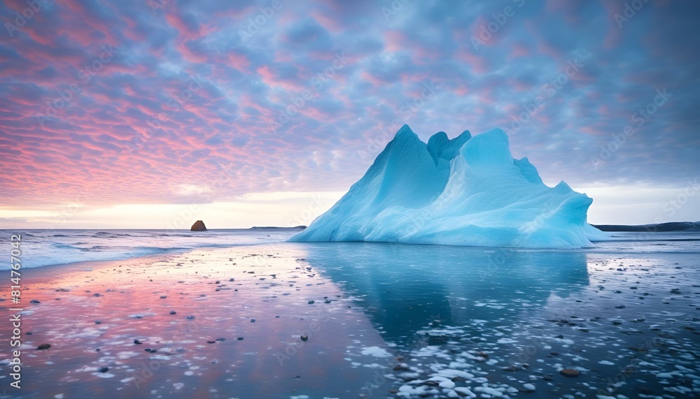 Canvas Prints AI generated illustration of an iceberg at sunset with cloud reflections in water and rocks