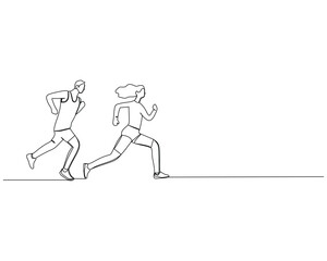 Continuous single line drawing of side view of a male runner running a race with a woman in front of him. Healthy sport training concept. Design vector illustration