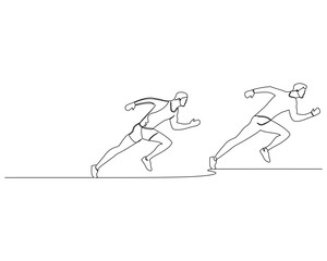 Continuous single line drawing of side view of two men chase each other in a running race. Healthy sport training concept. Design vector illustration