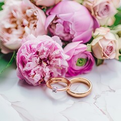 Wedding Rings and Pink Peonies on Marble.