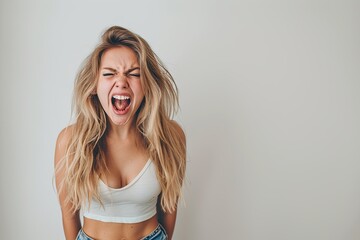 Expressive Young Woman Screaming Loudly On White Background.