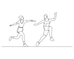 Continuous single line drawing of The female runner will hand over the baton to her male teammate. Healthy sport training concept. Competition event Design vector illustration