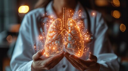 healthcare professional analyzes glowing holographic lungs with futuristic technology.