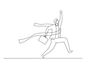 Continuous line drawing of the man in the suit and carrying a suitcase reached the finish line in first place in the running race. Healthy sport training concept. Competition event design 